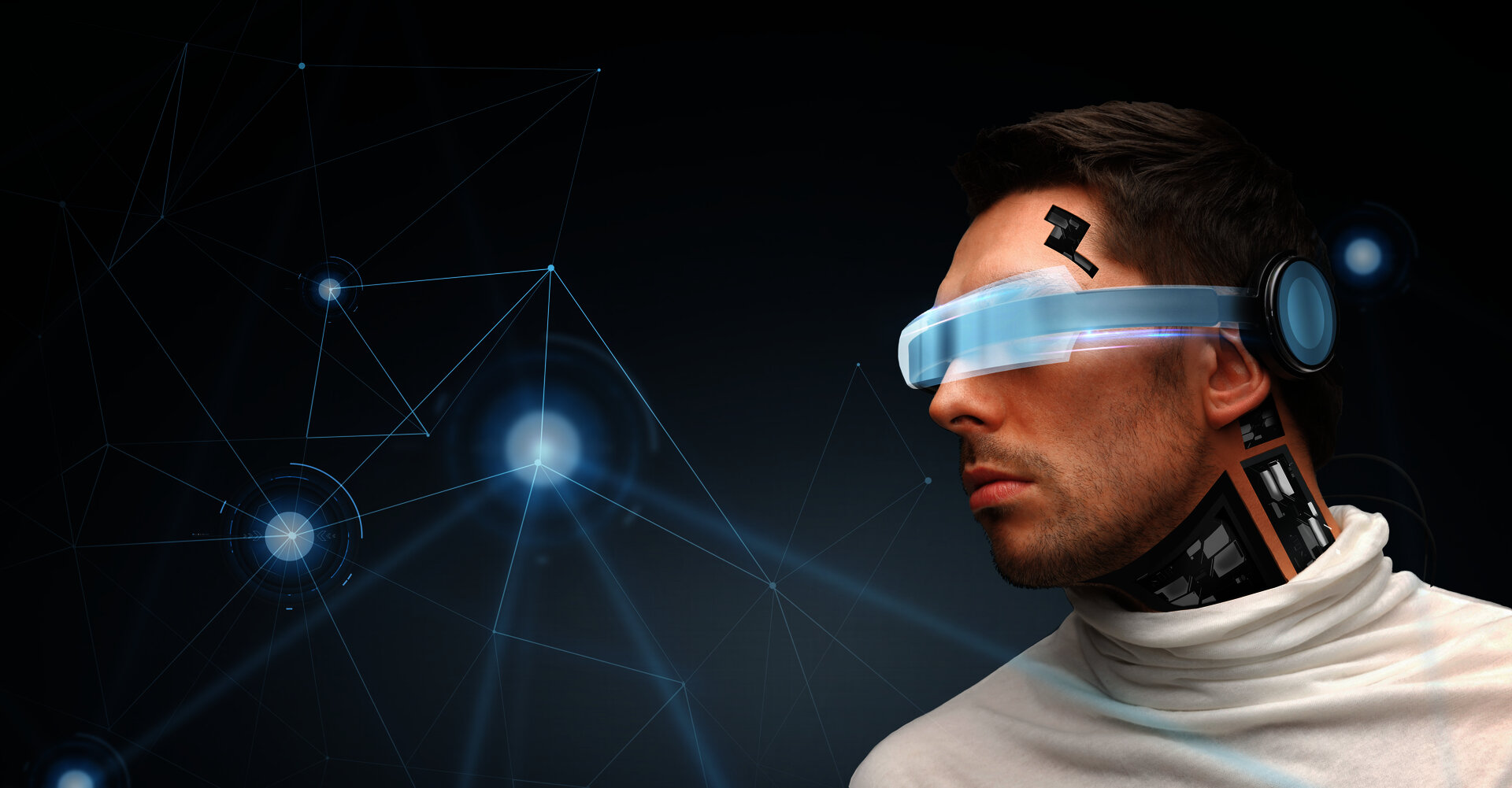 A man wearing a futuristic headset with glowing blue lights.