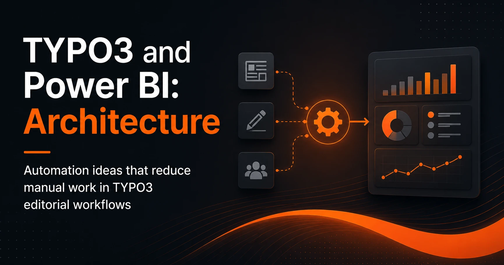 Architecture diagram showing TYPO3 connected to Power BI for editorial workflows and reporting