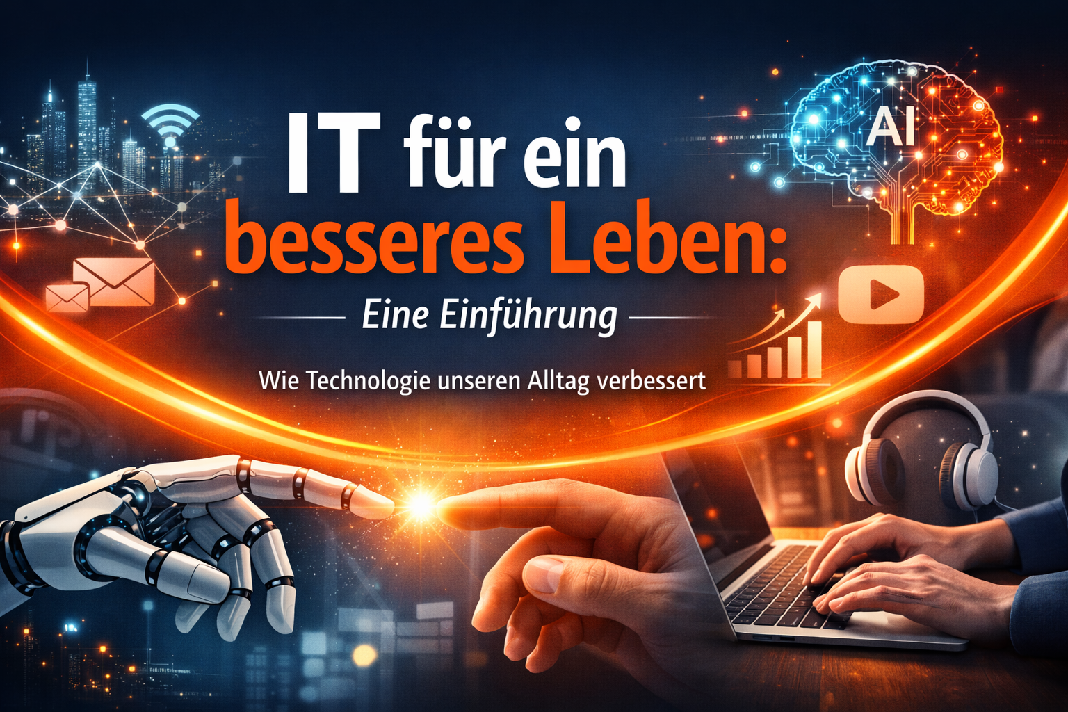 A futuristic scene with a robot hand pointing to a human hand using a laptop.