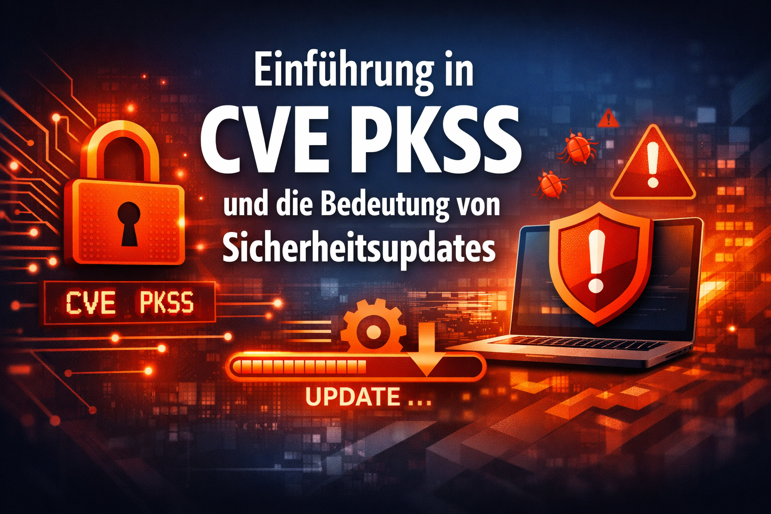 A digital poster with a laptop, lock, shield, and bug icons, promoting an introduction to CVE PKSS.